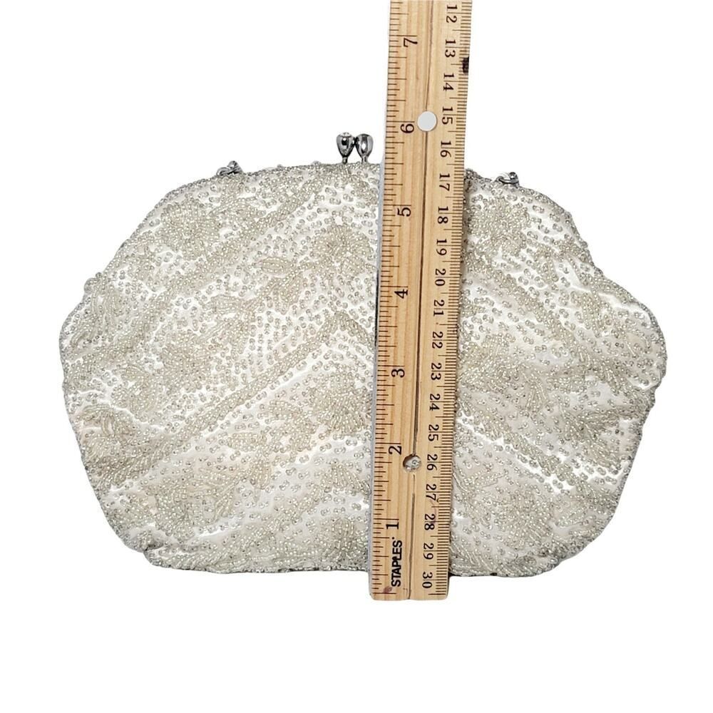 Vintage Off White Beaded Evening Formal Purse Bag Beige Metal Clasp Closure READ - Picture 11 of 12